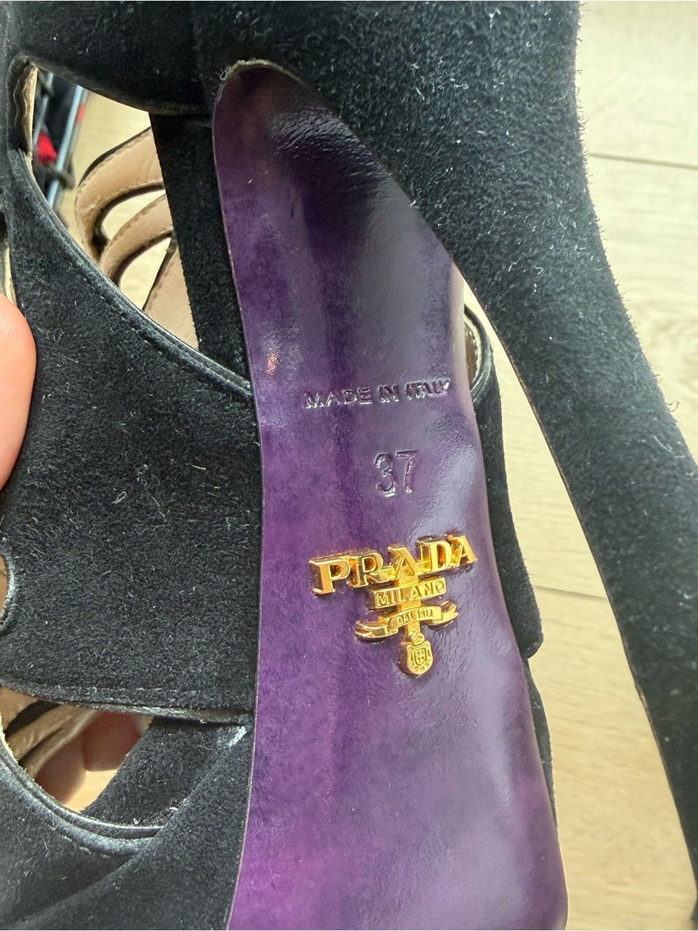 Prada Black Suede Cutout Platform Peep Toe Heels Size 37 - Picture 6 of 8